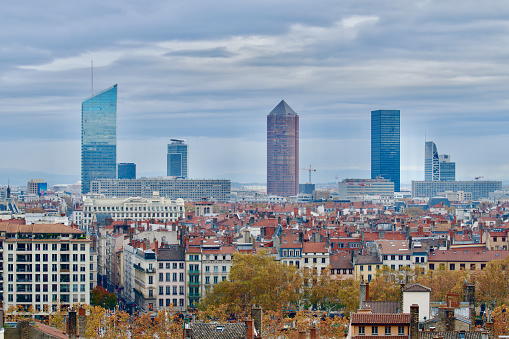 Panorama of Lyon central buisness district, France in autumn