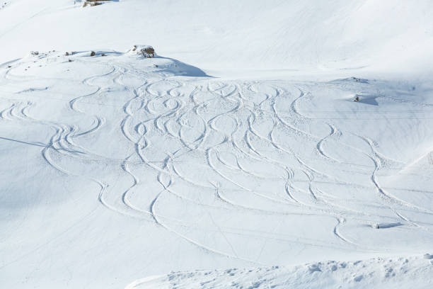 istock Trails in powder snow at winter ski resort 1899443676