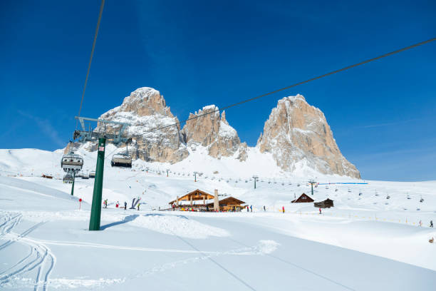 Skiers skiing at winter ski resort near Grohmannspitze, Sella pass, Sella Ronda, Dolomites, Italy.