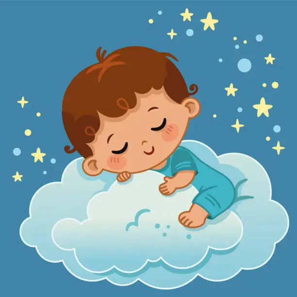Vector illustration of Vector illustration of a baby boy sleeping on the clouds.
