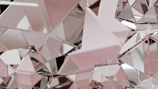 Modern background with a polygonal crystal form. A 3D abstraction of the geometric jewelry surface. Background scenes with pink gold reflection crystals.