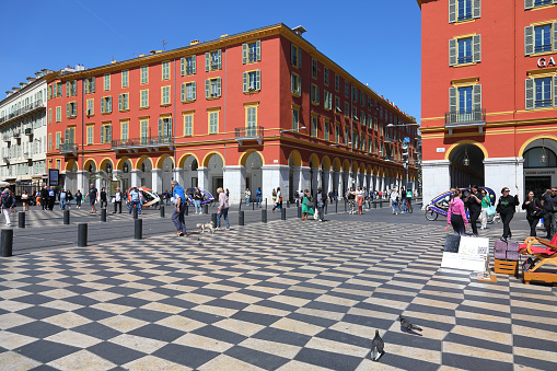 Nice, France - April 26, 2023: A view over the main square of the city, the Place Massena. The square is often visited by tourists and locals. There is usually a lot of pedestrian traffic.