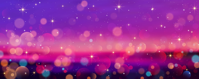 Purple background with bokeh and glitter. Golden glitter and stars sparkles on pinky night sky. Bright glow dreaming wallpaper. Vector illustration.