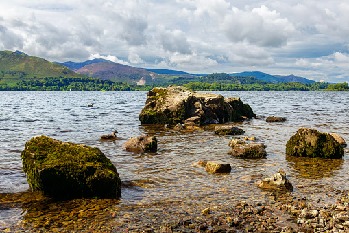 View across Derwent Water beyond boulders in the clear water on the rocky shoreline in the Lake District of Cumbria, England.