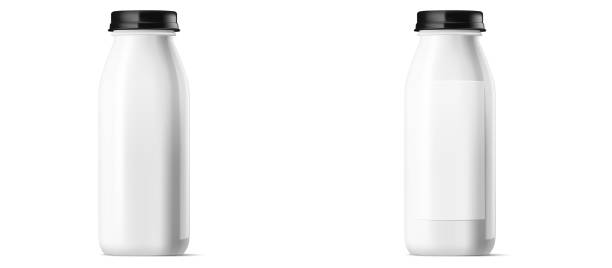istock Pair of white glossy plastic bottles with black caps, for dairy product packaging. Side by side, isolated vector illustration with space for branding. Vector illustration. 1899585154