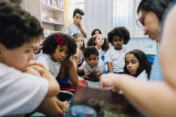 Students listening to the teacher reading at school