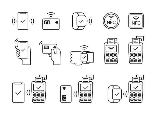 Vector illustration of Set of outline icons related to payment methods. NFC, contactless, online banking in modern minimalist style. Vector illustration