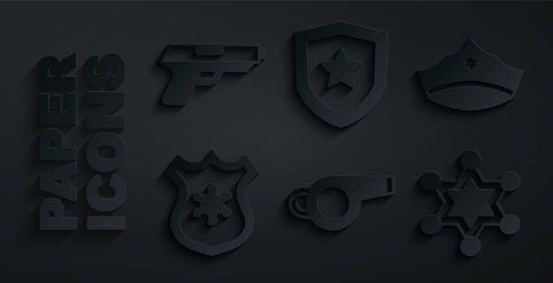 istock Set Whistle, Police cap with cockade, badge, Hexagram sheriff, and Pistol or gun icon. Vector 1899590284