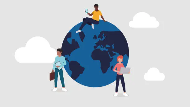 Vector illustration of Vector illustration of a globe with people of different nations working in a network - Business concept