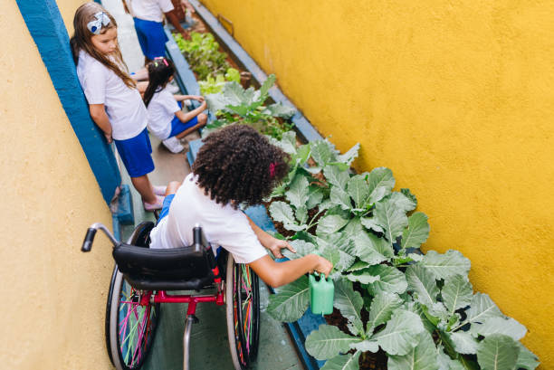 istock Girl student using wheelchair its doing gardening at school 1899639357