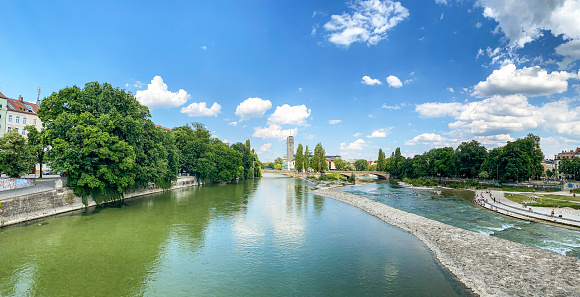 Riverside in Munich with bridge Wittelsbacherbrücke across the Isar River in summer, Bavaria Germany Europe