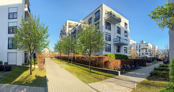 Cityscape of a residential area with modern apartment buildings, new sustainable urban landscape in the city