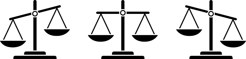 Vector Icon Set Depicting Scales Representing Comparison, Fairness, and Unfairness