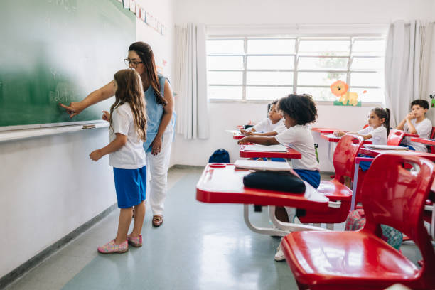 istock Teacher teaching her student on classroom chalkboard at school 1899648836