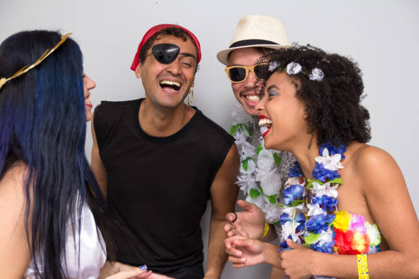 Carnaval party. Dressed Brazil people going to street Carnival.