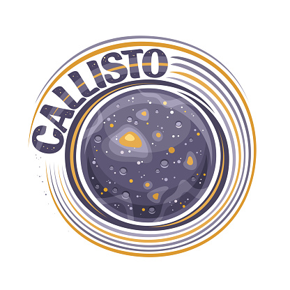 Vector logo for Callisto, decorative cosmic print with rotating moon callisto, stone surface with craters and mountains, cosmo sticker with unique lettering for blue text callisto on white background