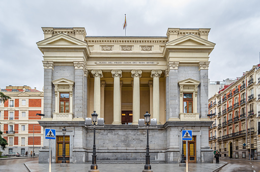 Madrid, Spain - March 1, 2014: Facade of the Cason del Buen Retiro, an annex of the Prado Museum complex in Madrid, Spain; it houses the museum's study center and library