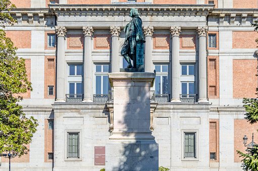 Madrid, Spain - February 23, 2014: The Murillo monument, work from 1867 by the Spanish sculptor Sabino Medina, dedicated to the artist Bartolome Esteban Murillo, located in the Plaza de Murillo, next to the door of the same name of the Prado Museum in Madrid, Spain