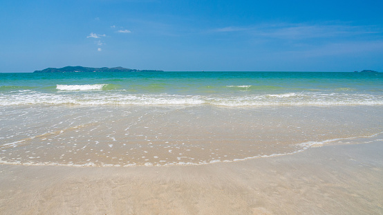 view summer landscape Suan Son Beach has Clean white sand beach Stretching along coast Gulf Thailand East country And \nclear skies, suitable for relaxation, vacation in Thailand Rayong