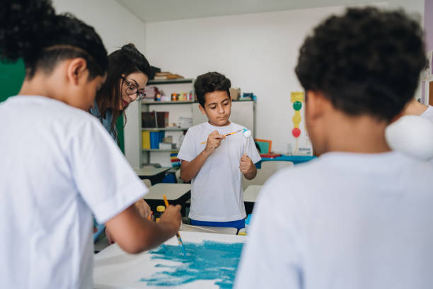 istock Teacher helping her students with paint on classroom at school 1899700527