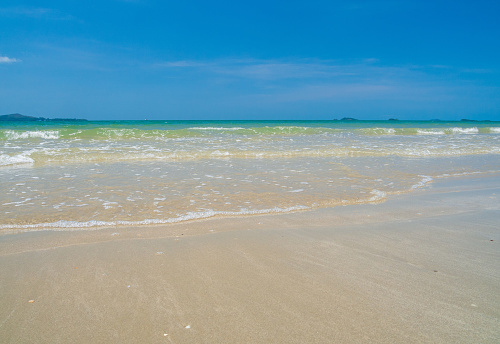 Front view summer landscape Suan Son Beach has Clean white sand beach Stretching along coast Gulf Thailand East country And \nclear skies, suitable for relaxation, vacation in Thailand Rayong