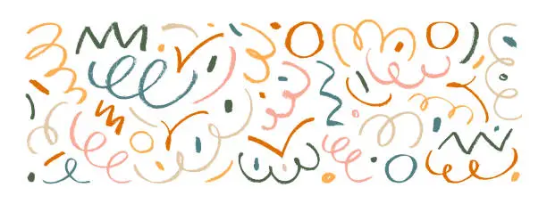 Vector illustration of Pastel colored pencil curly lines and squiggles vector set. Charcoal scribbles, childish doodle.