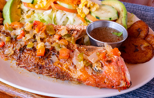 Red Snapper Served Creole Style with Cooked Vegetables, Salad, Avocado and Fried Plantain