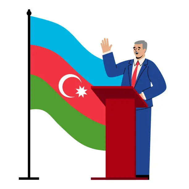 Vector illustration of Presidential elections in Azerbaijan. A male politician in a suit raised his hand. There is a flag on the background. Vector illustration