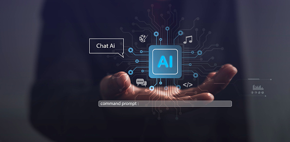 AI generates by command prompt concept. Businessman show virtual Artificial Intelligence using chatbot. OpenAI generate something Futuristic technology, robot in online system.