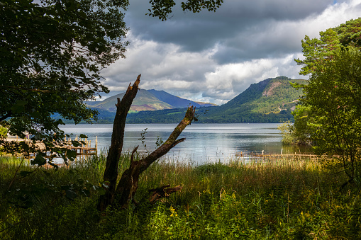 View from the southern lakeshore of Derwent Water in the Lake District of Cumbria, England.