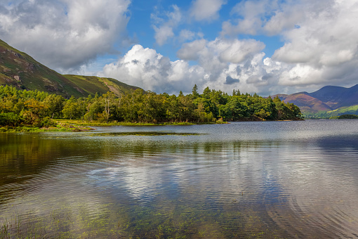 Summer woodland reflected in a perfectly still Derwent Water with dramatic Latrigg mountain backdrop in the beautiful English Lake District. ProPhoto profile for precise color reproduction.