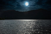 Mountain silhoutted in moonlight view of Derwent Water in the Lake District of Cumbria, England.