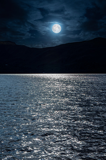 Digital composite view of silhouetted mountain seen in moonlight view of Derwent Water in the Lake District of Cumbria, England.