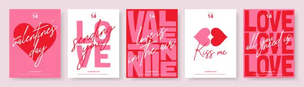 Vector illustration of Valentine's day lettering card collection. Cute love sale flyer template, poster, label, ad, copy space, cover, banner design set. Modern typography art background. Trendy style. Vector illustration.