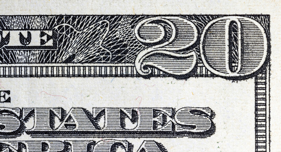 twenty American old dollars close-up, cash banknote of 20 American dollars