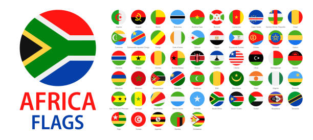 africa all flags - vector round flat icons of national flags - 阿爾及利亞 幅插畫檔、美工圖案、卡通及圖標