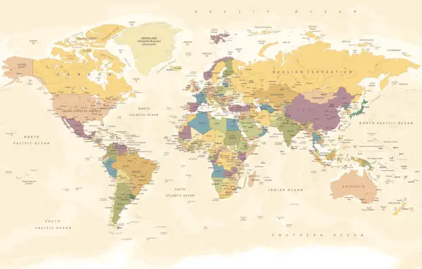 Vector illustration of World Map - Highly Detailed Vector Map of the World. Vintage Retro Style.