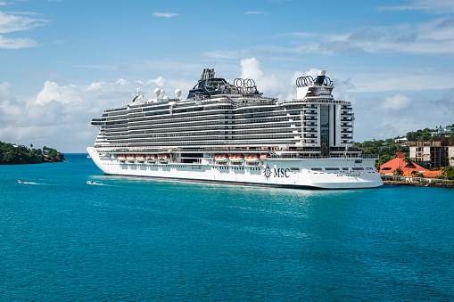 Castries, St Lucia - Nov 27, 2023: Cruise ship MSC Seaside in port of Castries, St Lucia.