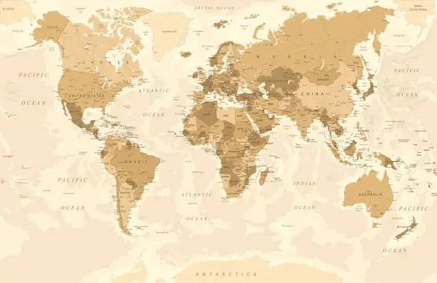 Vector illustration of World Map - Highly Detailed Vector Map of the World. Vintage Retro Style.