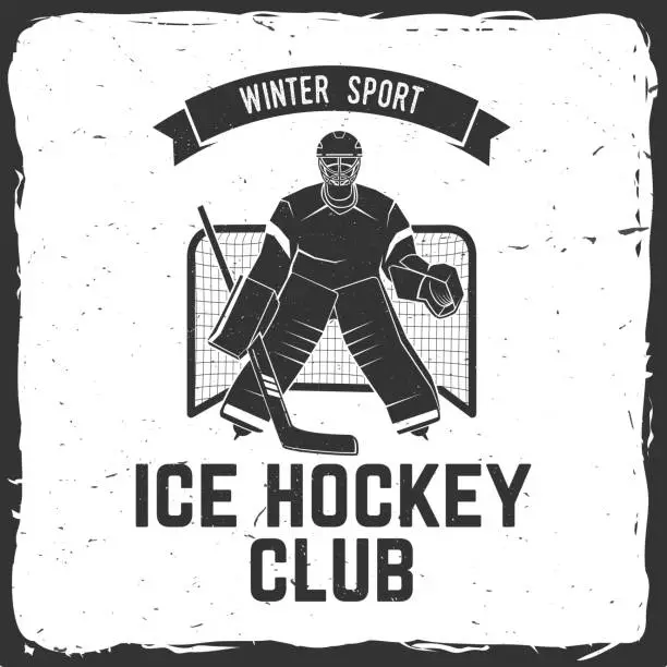 Vector illustration of Hockey club logo, badge design. Concept for shirt or logo, print, stamp or tee. Winter sport. Vector illustration. Hockey goalkeeper, goaltender protects the gate.