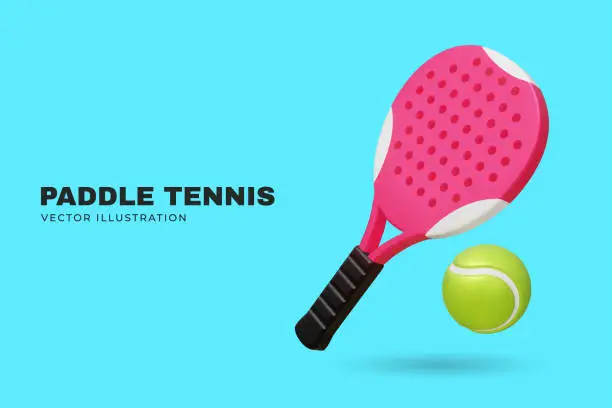 Vector illustration of 3d realistic pink paddle tennis racket and green tennis ball on blue background. Vector illustration. Padel tennis sport banner, poster equipment