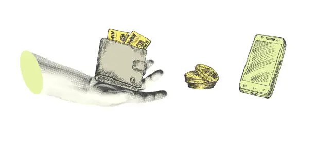 Vector illustration of Collage with halftone-style hand statue. Minimalist online payments metaphor concept finance-themed. Idea for banner composition with wallet, coins and smartphone Cutouts magazine. Vector illustration