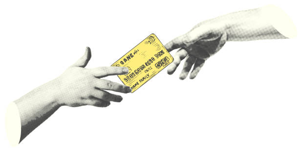 istock Collage with halftone-style hand statue. Minimalist cash savings metaphor concept finance-themed. Idea for banner composition with coins, bank card. Cutouts magazine. Vector illustration 1899919393