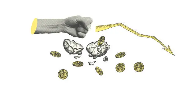 Vector illustration of Collage with halftone-style hand statue Minimalist finance-themed money crisis metaphor concept Idea for banner composition with broken piggy bank, coins and fist Cutouts magazine. Vector illustration