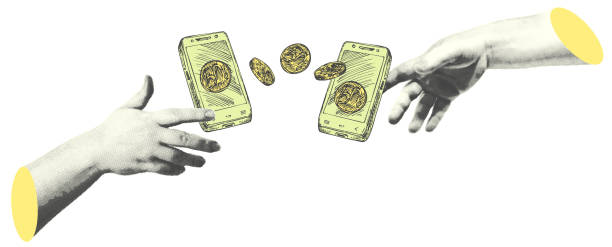 istock Collage with halftone-style hand statue. Minimalist online payments metaphor concept finance-themed. Idea for banner composition with money, coins and smartphone. Cutouts magazine. Vector illustration 1899919401