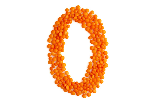 The digit '0' (null, zero) formed from red lentil grains against a clean white backdrop. A harmonious blend of organic elements and typography, it captures the essence of eco-friendly, vegetarian artistry. Perfect for a food blog and menu