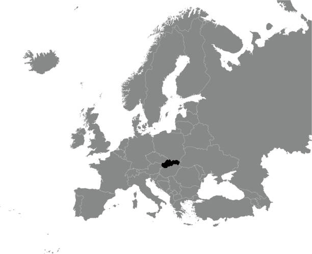 Location map of the SLOVAK REPUBLIC, EUROPE Black CMYK national map of SLOVAKIA inside detailed gray blank political map of European continent on transparent background using Mercator projection tatra mountains stock illustrations