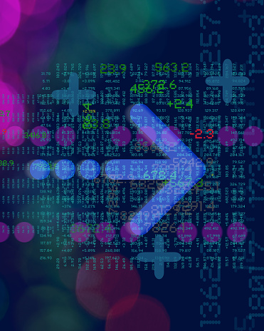 Graphic composition of Arrow Symbol, Data, Trading Figures over blurred coloured lights. Dark background