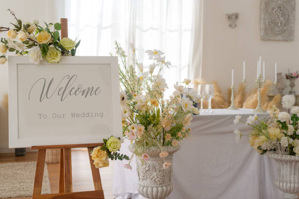 istock Welcome to wedding sign and reception table decorated with flowers 1900022788