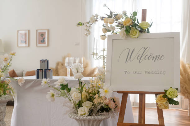 istock Welcome to wedding sign and reception table decorated with flowers 1900022813